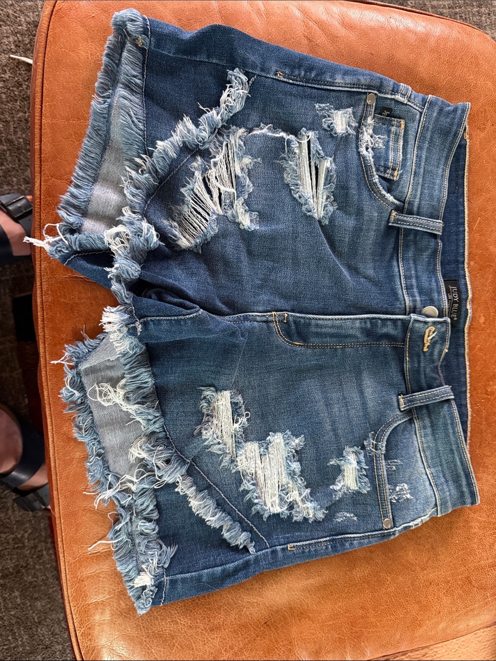 Judy Blue Distressed Frayed Hem Denim Shorts - Blue